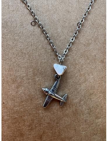 COLLIER + PENDENTIF AVION ARGENTEE + PIERRE SEMI PRECIEUSE