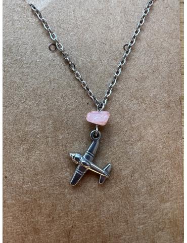 COLLIER + PENDENTIF AVION ARGENTEE + PIERRE SEMI PRECIEUSE