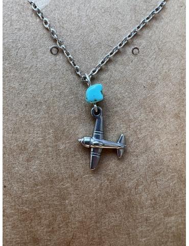 COLLIER + PENDENTIF AVION ARGENTEE + PIERRE SEMI PRECIEUSE