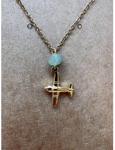 COLLIER + PENDENTIF AVION DOREE + PIERRE SEMI-PRECIEUSE COLLIER + PENDENTIF AVION DOREE + PIERRE SEMI-PRECIEUSE