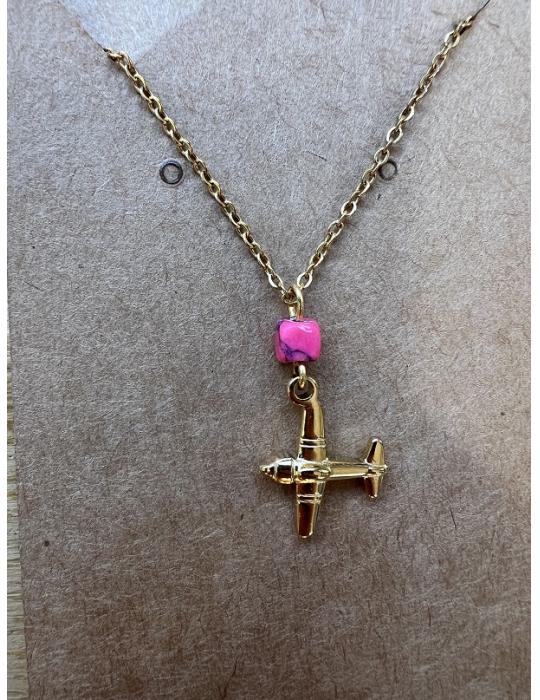 COLLIER + PENDENTIF AVION DOREE + PIERRE SEMI-PRECIEUSE