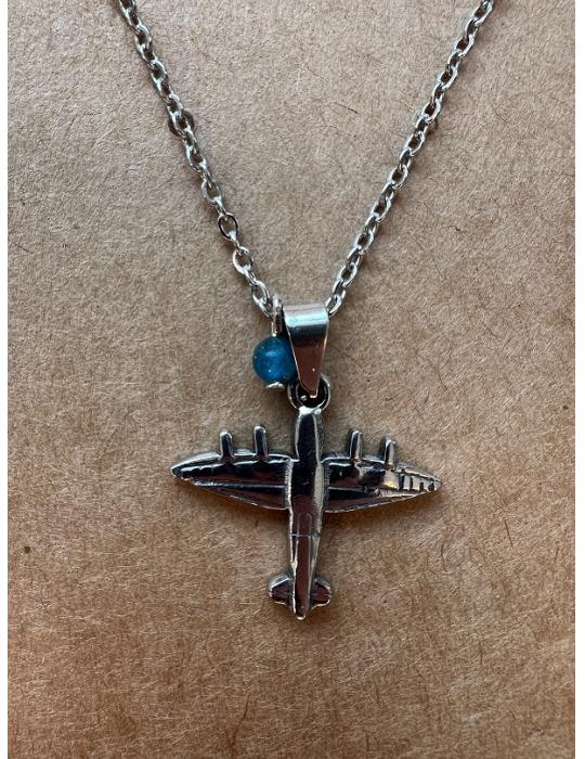 COLLIER + PENDENTIF AVION LISSE ARGENTEE + PIERRE