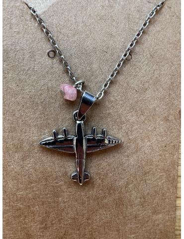 COLLIER + PENDENTIF AVION LISSE ARGENTEE + PIERRE
