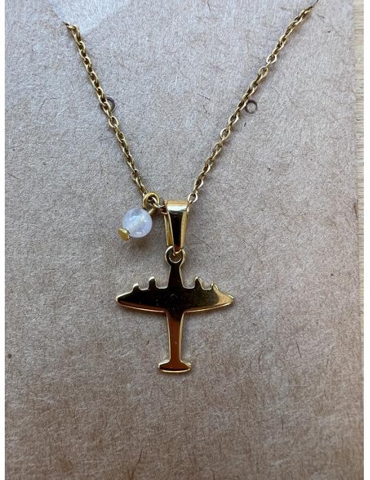 COLLIER + PENDENTIF AVION LISSE DOREE + PIERRE